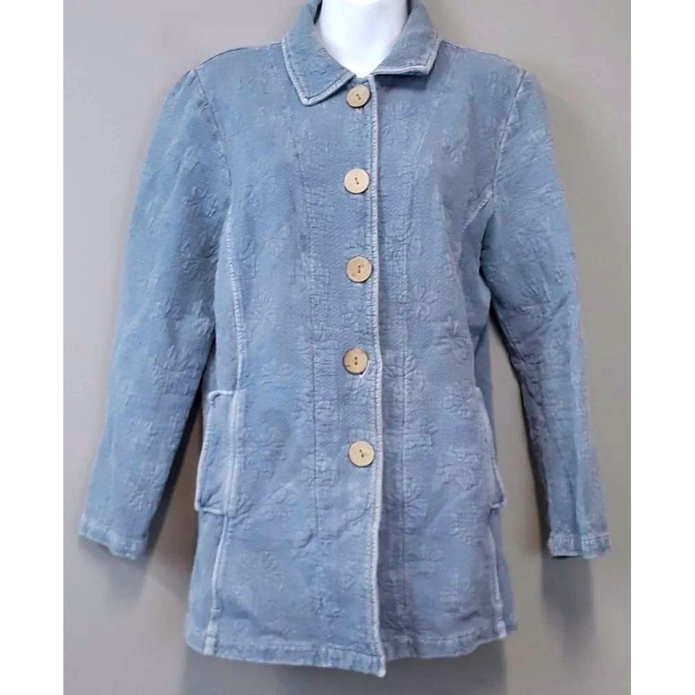 Focus Jacket Womens Small Blue Textured Cotton Button Up Lagenlook Artsy